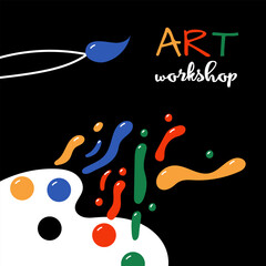 Abstract Art Workshop Poster with Paint Palette Brush and Colorful Creative Shapes on Black Background.