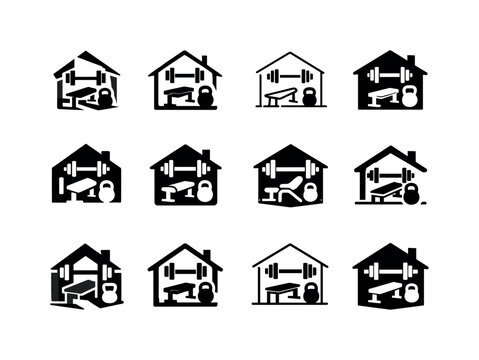 Fitness Icon Set. fitness spaces and gym setups. Icon set. Set Logo of fitness spaces and gym setups: compact home gym setup. harmonious logo variations of the