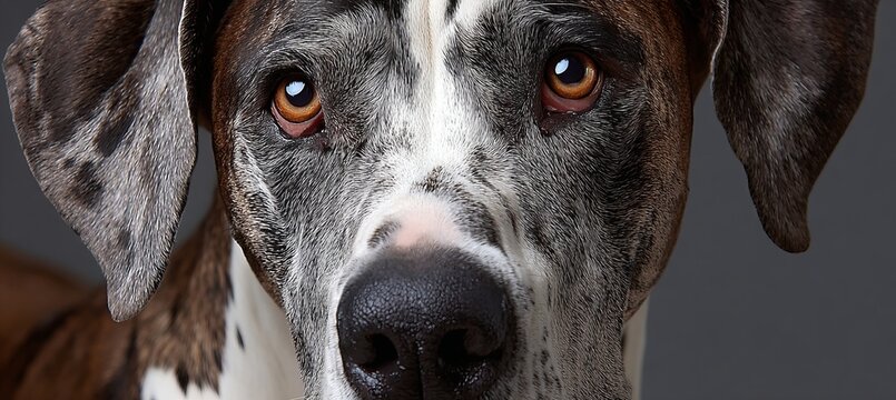 Close-Up Portrait of a Great Dane with an Expressive Face and Loving Gaze on a Grey Background