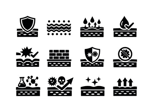 Skin Barrier Icons. Skin barrier function. Solid icon set of skin barrier function: barrier shield, lipid layer pattern, transepidermal water loss arrow, skin