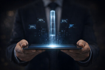 Businessman with tablet displaying rocket launch data visualization