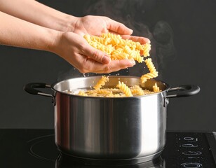 Hands Pouring Spiral Shaped Pasta into a Stainless Steel Pot of Boiling Water With Steam Rising Against a Dark Background