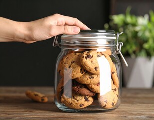 A Person's Hand Reaches For A Glass Jar Full Of Chocolate Chip Cookies On A Wooden Table With A Blurred Green Plant In The Background