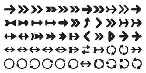 A Diverse Collection of Black Arrow Icons Representing Direction, Movement, and Navigation