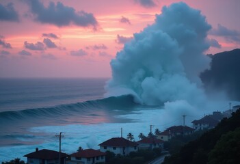 Fototapeta premium Dramatic Tsunami Wave Approaching Coastal Town High Impact Ocean Surge Aerial View
