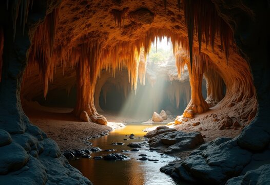 Dramatic Limestone Cave Stalactites Intricate Formations Glimmering in Shadowy Grotto