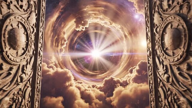 A mystical door opens to a radiant, cloud-filled sky.