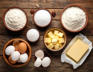 Baking Ingredients Arranged Top Down View Displaying Flour Sugar Butter Eggs And Eggshells On A Rustic Wooden Table Surface With Warm Natural Lighting