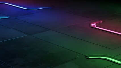Abstract Digital Landscape with Glowing Neon Circuits on Dark Background a Futuristic Concept Featuring Colorful Light Streaks and Technological Patterns