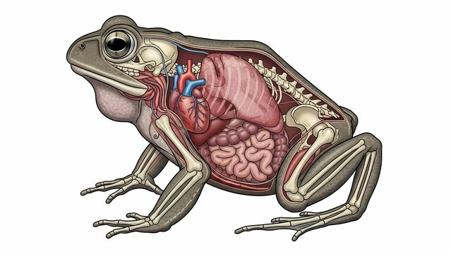 A detailed anatomical cross-section diagram of a frog, showing its internal organs, skeletal structure, circulatory system, and musculature, isolated on a white background for biology education.