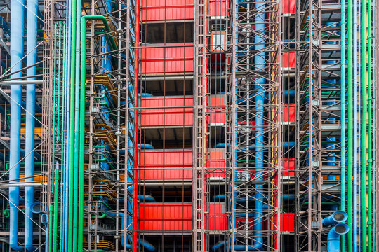 Abstract facade at Centre Pompidou (or Beaubourg), colorful inside-out modern architecture by Renzo Piano and Richard Rogers in Paris France
