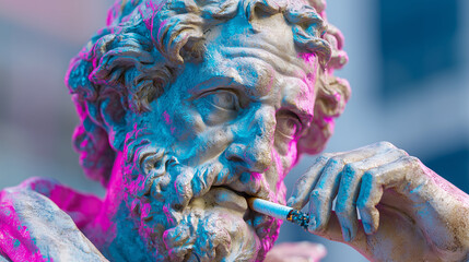 Ancient male statue with cigarette lit by neon pink blue light creating modern pop art portrait style
