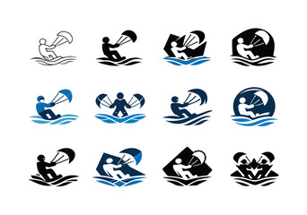 Snowkiting Logo Set. Snowkiting on frozen lakes. Icon set. Set Logo of snowkiting on frozen lakes: frozen wind ripple. harmonious logo variations of the same