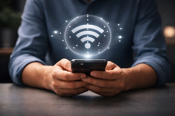 Person holding smartphone with glowing Wi Fi symbol overlay