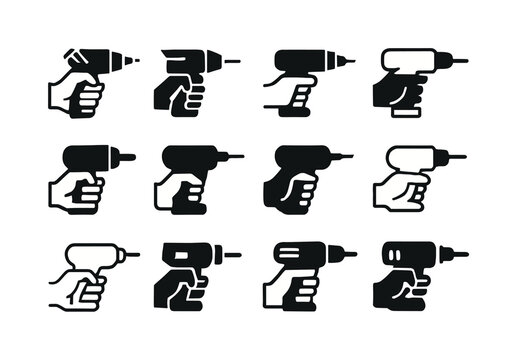 Hands-on Job Icons. Hands-on job. Icon set. Set Logo of hands-on job: drill machine. harmonious logo variations: Symmetrical form, Abstract geometric, Flat