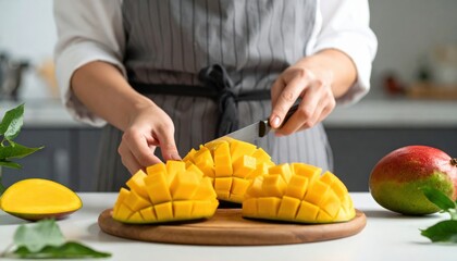 Close Up Of Hands Slicing Ripe Yellow Mango Fruit On Wooden Board In Bright Kitchen With Green Leaves And Two Whole Mangoes In Background