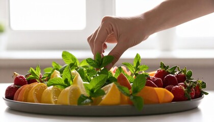 Hand Adding Fresh Mint Garnish To A Colorful Fruit Platter With Strawberries Oranges And Lemons In Soft Natural Light