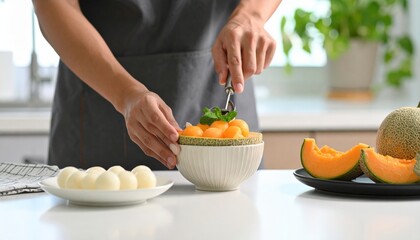 Person Preparing Melon Balls In A Bowl With Kitchen Counter And Greenery Background In Natural Light