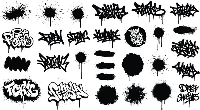 Collection of black and white graffiti tags lettering styles featuring dripping paint effects and various urban splash designs