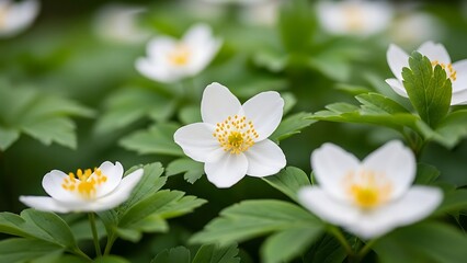 Delicate white anemone flowers bloom in a lush green forest setting
