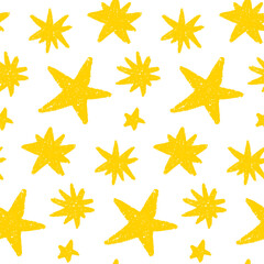 Fototapeta premium Hand drawn yellow star vector seamless pattern. Minimal doodle background with chalk texture, suitable for packaging, branding, children projects and social media design.