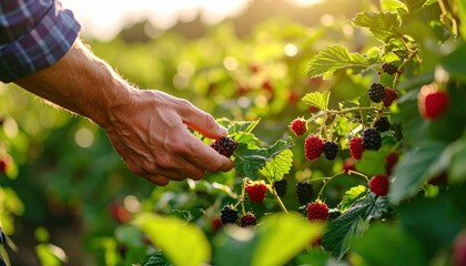 Farmer Hand Gently Picking Ripe Blackberries from a Lush Green Bush During Golden Hour Sunlight Warm Glow