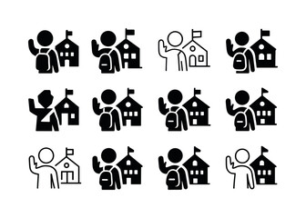 Fototapeta premium Last Day Farewell Icons. Waving goodbye on the last day of school. Icon set. Set Logo of waving goodbye on the last day of school: classroom farewell icon.