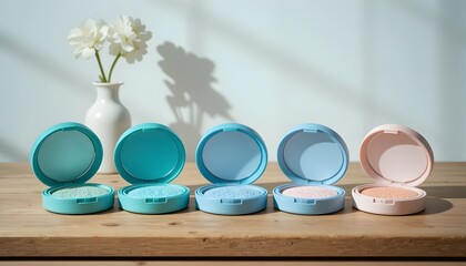 Variety of colorful makeup compacts on wooden table with flowers