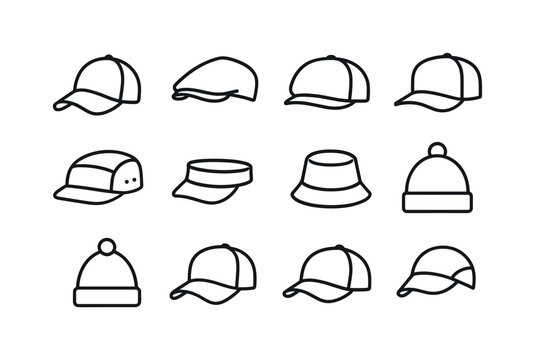 Caps Icon Set. Caps and headwear. Line icon set of Caps and headwear: baseball cap, newsboy cap, flat cap, snapback, five-panel cap, visor hat, bucket hat,