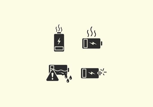 Vector Flat Concept Four black glyph icons illustrating damaged, overheating, leaking, and exploding battery malfunctions.