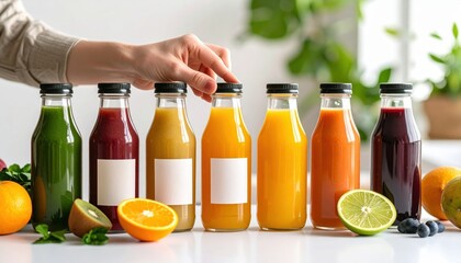 Hand Reaching For Orange Juice Bottle Among Assorted Colorful Fruit Juices In Glass Bottles On Table