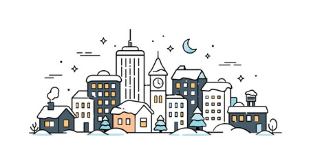 Naklejka premium Snowy Cityscape Tranquility. Snowy City Architecture. A minimal skyline of city buildings with snow-covered roofs and windows glowing softly. The scene feels