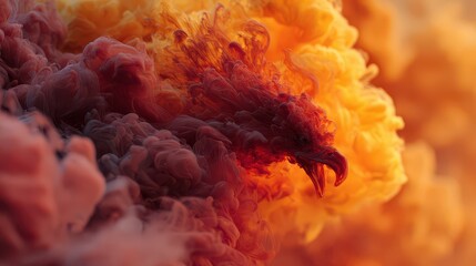 Smoke and fire mix in a swirling pattern creating a bird shape in the air with colors of red and orange