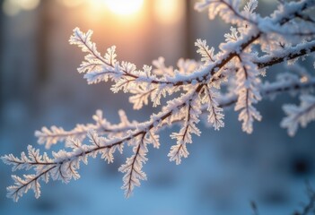 Sparkling Hoarfrost Crystals on Tree Branches Glinting in Winter Sunlight