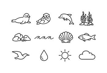 Fototapeta na wymiar Coastal Marine Mammal Icons. Coastal marine mammals. Line icon set of Coastal marine mammals: harbor seal, sea otter, coastal dolphin, kelp forest, rocky