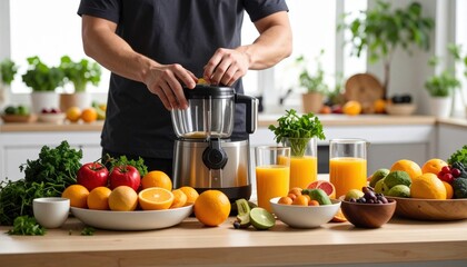 Man Preparing Fresh Orange Juice And Fruit Salad In A Bright Kitchen With Abundant Plants And Natural Light