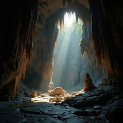 Spectacular Stalactites in Enigmatic Limestone Cave Depths Imposing Structures Shadows