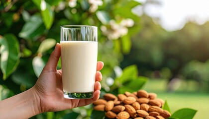 Hand Holding Glass Of Almond Milk With Fresh Almonds On Greenery Background During Golden Hour Sunlight