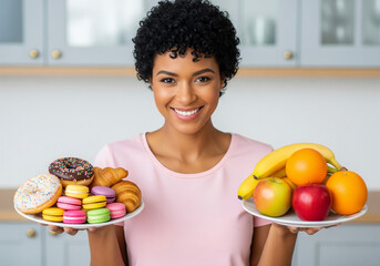 Woman Choosing Between Sweets And Fruits