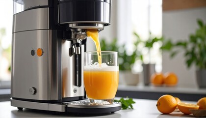 Modern Stainless Steel Juicer Dispensing Fresh Orange Juice Into A Clear Glass On A Kitchen Countertop With Oranges In The Background