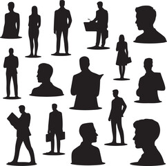 set of black silhouettes of business people standing and sitting in various poses on white background