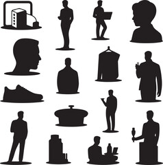 set of black silhouettes of people and objects on white background