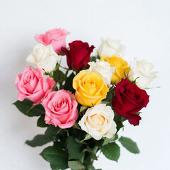 Naklejka premium Elegant bouquet of fresh red roses on a soft white background, symbolizing love, romance, and passion. Minimal floral composition ideal for Valentine’s Day, weddings, anniversaries, and romantic.