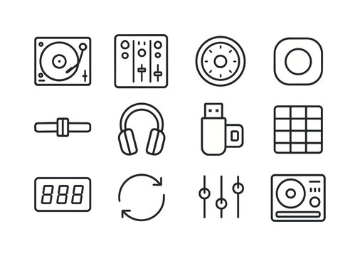 DJ Equipment Icons. DJ equipment. Line icon set of DJ equipment: turntable, mixer deck, jog wheel, cue button, crossfader, headphones, USB drive, beat grid,