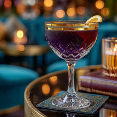 Elegant purple cocktail in crystal glass with lemon slice on cozy bar table evening interior lights bokeh
