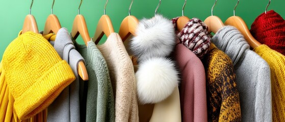 Hats are lined up on a stand in front of holiday lights at a market, showing different colors and styles on a winter day