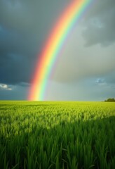 Vivid Rainbow Arching Through Storm-Soaked Field After Summer Thunderstorm