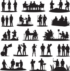 set of black silhouettes of people performing various actions and activities