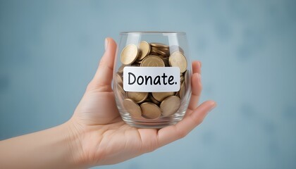 Coins are manually placed in glass, with the words "donate" written on the label. The idea of giving and gift