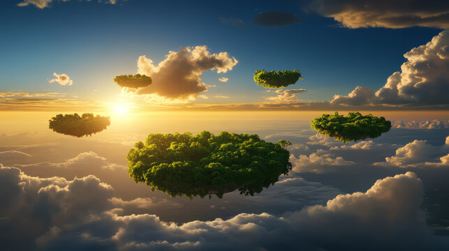 Floating islands surreal landscape glowing clouds sunset sky dream world ethereal light fantasy nature aerial view golden horizon magical scene Aerial view of floating islands glowing clouds